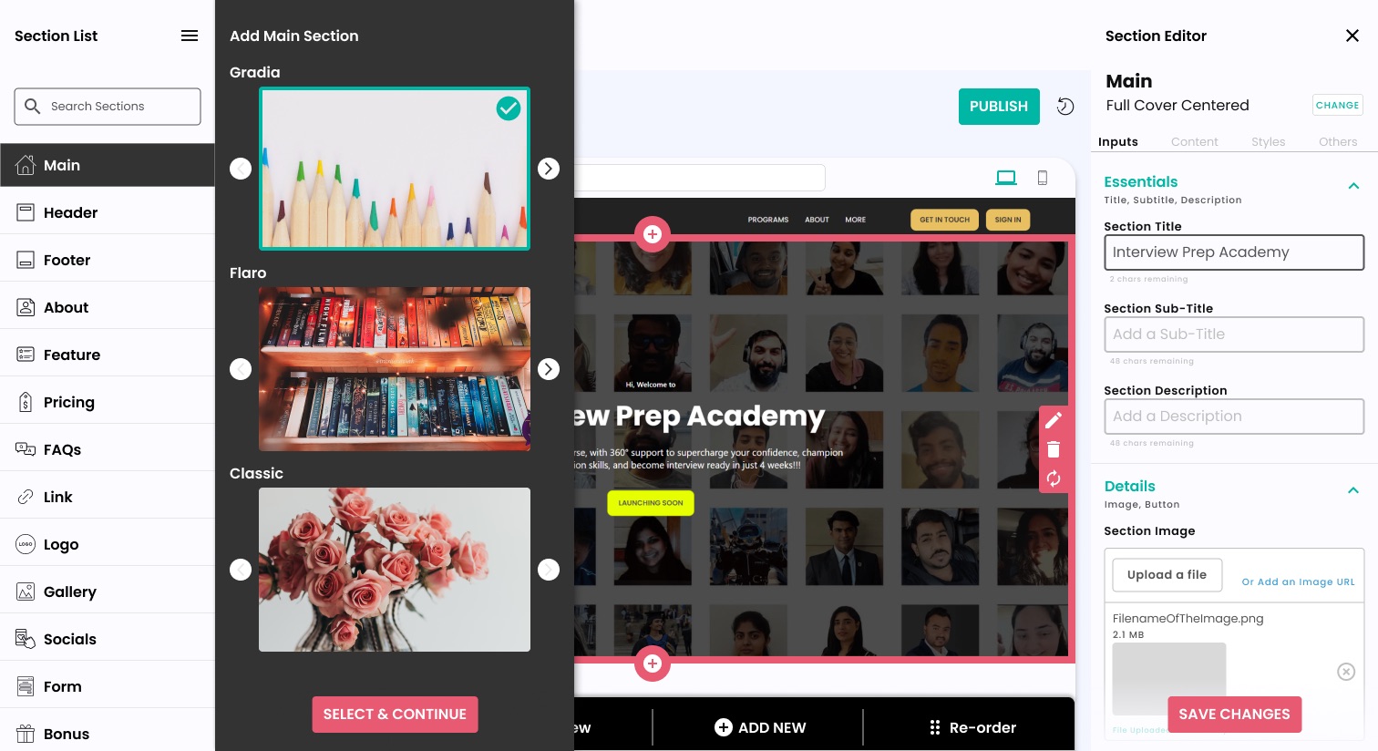 Main Section - Change type or theme