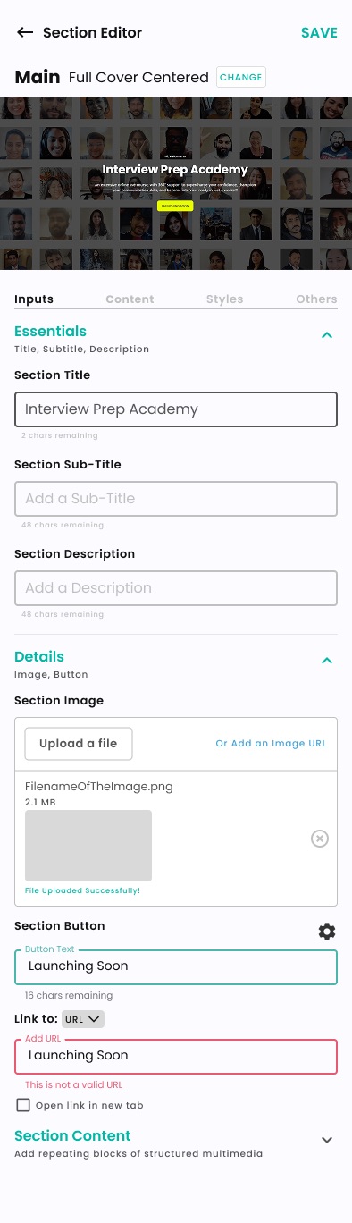 Mobile — Main Section Editor