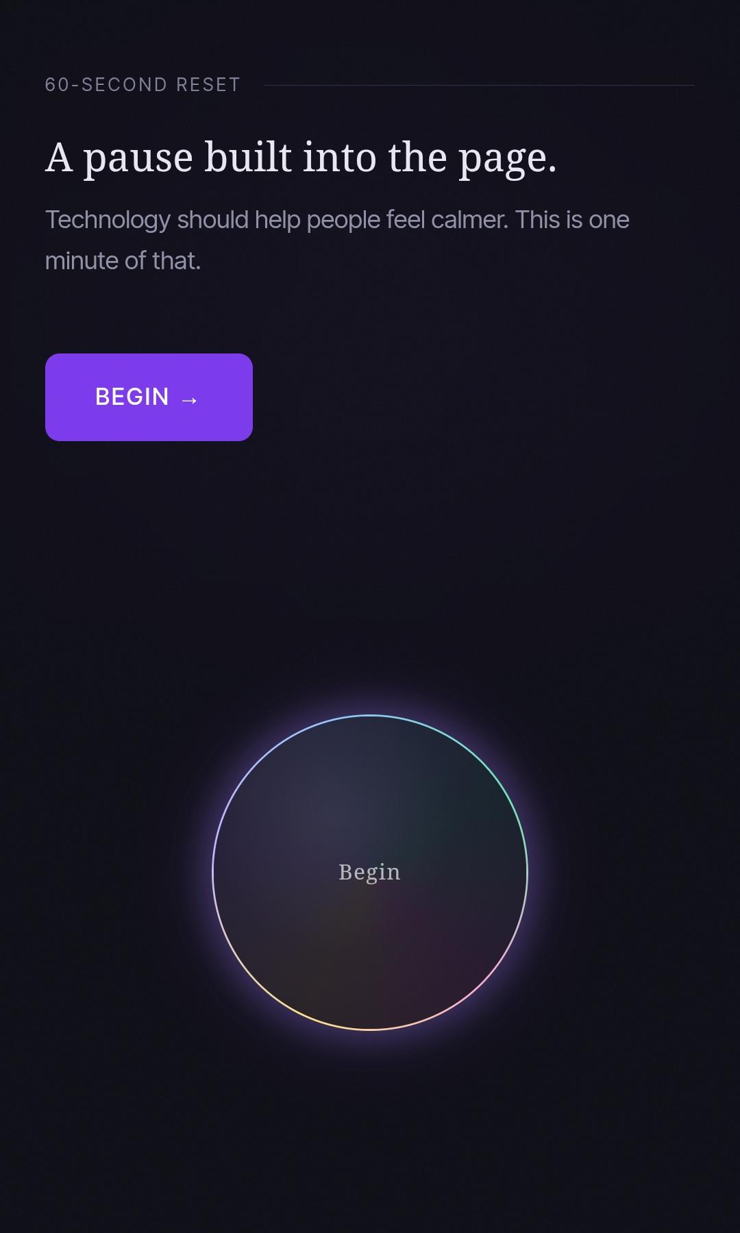 60-Second Reset — Mobile — Dark mode